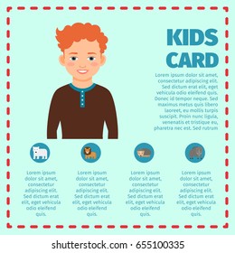 Kids card infographic template with red hair boy and animals icons. Vector illustration