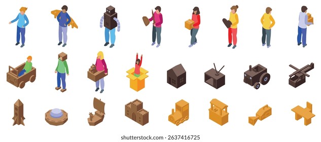  Kids cardboard boxes icons set. Kids engaging in imaginative play, using cardboard boxes to create various objects, fostering creativity and resourcefulness