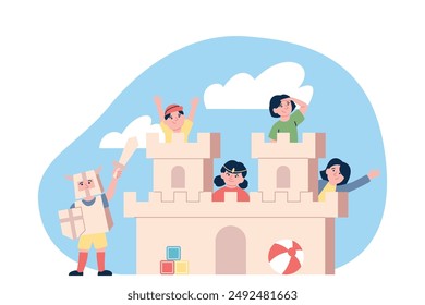 Kids in cardboard castle. Happy children play together and build tower. Save princess, knight with sword in paper costume. Gaming recent vector scene