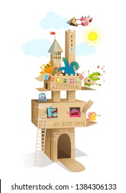 Kids Cardboard Castle Tower Play Monsters Characters. Funny fairy tale paper craft castle made of cardboard with fun monsters festival.