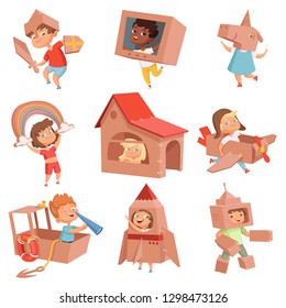 Kids cardboard costumes. Children playing in active games with paper box making house car and airplane vector characters
