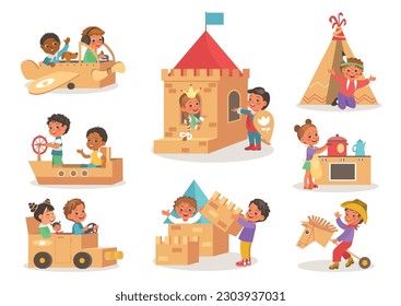 Kids cardboard games. Children play with boxes. Carton teepee and plane. Homemade toys. Imagination development. Playground paper castle and car. Stove cooking. Splendid