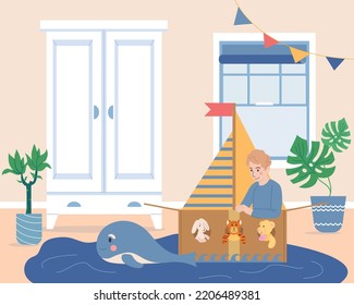 Kids cardboard toys flat poster with boy in carton sailship vector illustration