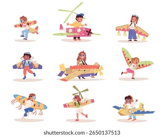 Kids cardboard wings. Child in airplane pilot paper box craft costume, plane toy fun play cute boy girl wing dreaming fly cartoon baby kid flying uniform classy vector illustration original artwork