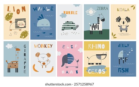 Kids cards with animals in flat vector style. Cute wall interior posters for kids with animals. Vector drawn illustration of lion, whale, turtle, zebra, koala, giraffe, monkey, elephant, rhinoceros