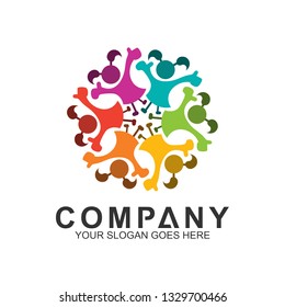 kids care community logo, charity and caring vector, colorful children in circle shape