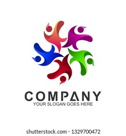 kids care community logo, charity and caring vector, colorful children in circle shape