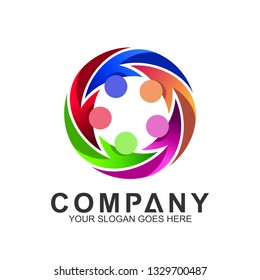 kids care community logo, charity and caring vector, colorful children in circle shape