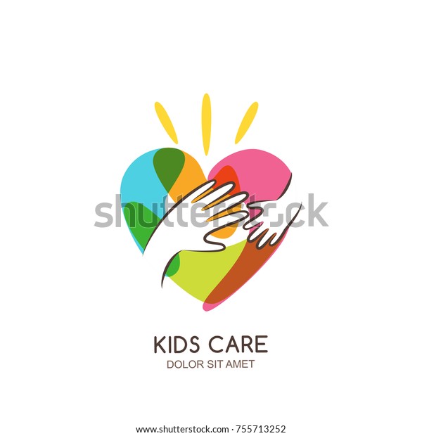 Kids care, family, charity vector logo emblem\
design template. Hand drawn multicolor heart with baby and adult\
hands silhouettes, isolated icon. Voluntary non profit\
organization, healthcare\
concept.