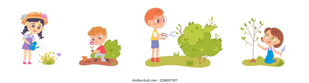 Los niños cuidan plantas verdes, flores y árboles en el jardín, como ilustración vectorial. Caricatura en escuelas aisladas niños y niñas cultivan plántulas en suelo de jardín, niños juegan y trabajan con herramientas de jardinería