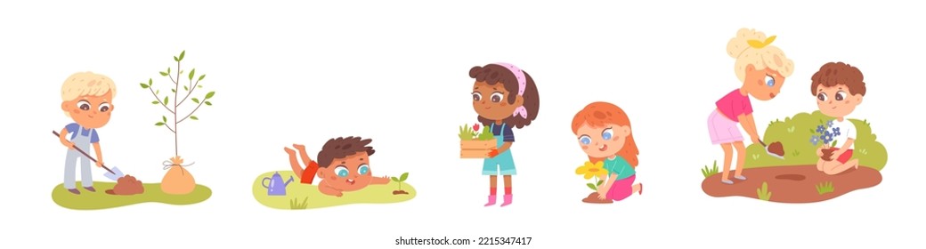 Los niños cuidan plantas verdes, flores y árboles en el jardín, como ilustración vectorial. Caricatura en escuelas aisladas niños y niñas cultivan plántulas en suelo de jardín, niños juegan y trabajan con herramientas de jardinería