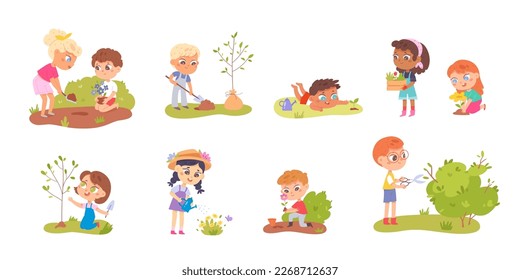 Kids care for green plants, flowers and trees in garden set vector illustration. Cartoon isolated school boys and girls grow seedlings in soil of yard, children play and work with gardening tools