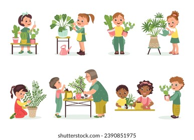 Kids care home plants. Cute children and grandma watering houseplants. People planting and loosening flowers in pots. Indoor succulents. Gardeners growing monstera