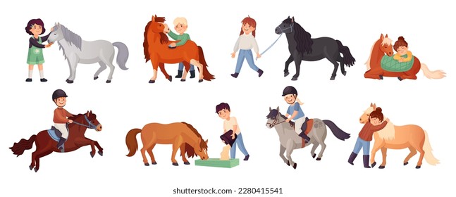 Kids care horses. Little equestrians riding on ponies, child grooming feed small horse, kid cavalier hug pony, cartoon horseman in equine farm ranch, ingenious vector illustration of kid pony farm