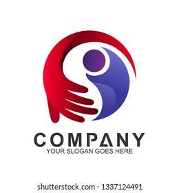 kids care logo, abstract logo vector people with hand in circle shape