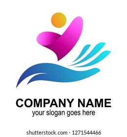 kids care logo, charity symbol, children with hand shape