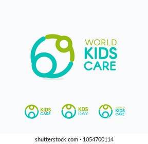 Kids Care Logo, Circular Concept Protection Child Icon, Mother And Baby Abstract Logotype, World Children Protection Day, Isolated Vector Illustration On White Background.