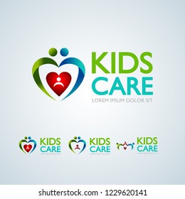 Kids care logo, circular concept protection child icon, mother and baby abstract logotype, world children protection day, isolated vector illustration on white background.