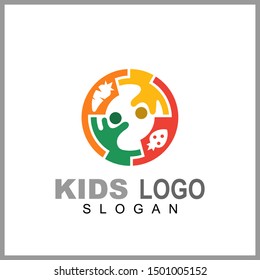 Kids care logo vector, caring children, family parenting, charity people, health care clinic, happy child play with parent