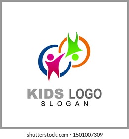 Kids care logo vector, caring children, family parenting, charity people, health care clinic, happy child play with parent