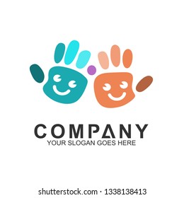 
Kids care logo. Vector of hands with smiling child's face. Education and creative children icon