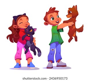 Cuidado de los niños mascotas - niño sostiene al perro en las manos y niña abraza al gato. Conjunto de ilustración vectorial de dibujos animados de niños pequeños felices jugando con animales domésticos. Amistad y amor entre el niño y el compañero de mascota.