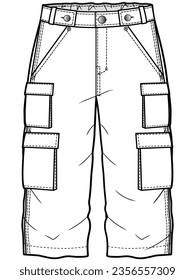 kids cargo pant flat sketch vector illustration technical cad drawing template