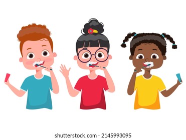 Niños cuidando la ilustración de los dientes. Niños lavando dientes. Niños dentales. Feliz sonrisa. Dientes sanos. Higiene. Ilustración vectorial.