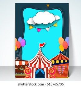 Kids Carnival or Amusement Park template, banner or flyer design with colorful circus tents and balloons decoration. 