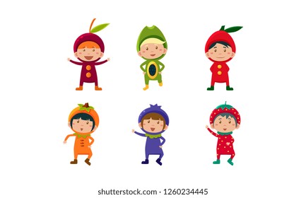 Kids in carnival clothes set, cute little boys and girls wearing fruits and berriess costumes, cherry, orange, blueberry, strawberry, papaya vector Illustration
