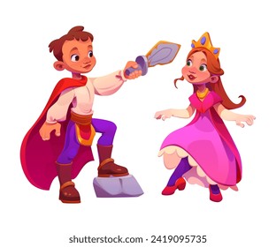 Kids in carnival costume. Cartoon vector cute children dressed in fairytale clothes. Little girl princess in pink puffy dress, red shoes and golden crown on head. Boy knight with sword and cloak.