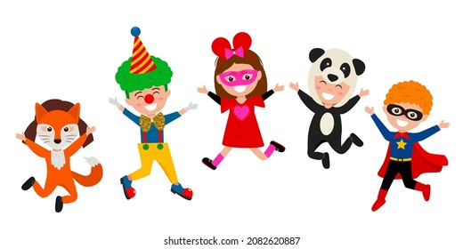 kids in carnival costumes of animals and clown having fun at the holiday concept of christmas, halloween and children's birthday. vector illustration isolated on white background