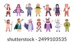 Kids in carnival costumes set. Children in funny animal, cowboy, pirate disguises. Cute boy and girl characters wearing Halloween outfits. Flat vector illustration isolated on white background.