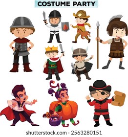 Kids in carnival costumes set. Children in funny animal, cowboy, pirate disguises. Cute boy and girl characters wearing Halloween outfits. Flat vector illustration isolated on white background.