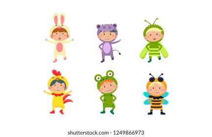Kids in carnival costumes set, cute little boys and girls wearing insects and animals clothes vector Illustration on a white background