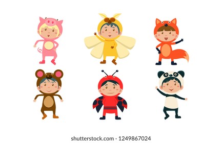 Kids in carnival costumes set, cute little boys and girls wearing insects and animals clothes, pig, bee, monkey, fox, ladybug, panda bear vector Illustration