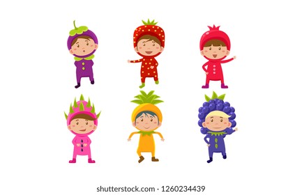 Kids in carnival costumes set, cute little boys and girls wearing fruits and berriess costumes, mangosteen, pomegranate, strawberry, dragon fruit, pineapple, blackberry vector Illustration