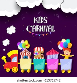 Kids Carnival Or Funfair Background With Colorful Train On Cloudy Background.