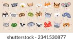 Kids carnival party animal masks with cartoon cute faces, vector fox, cat and panda. Children carnival costume masks of happy zoo characters, koala with beaver or raccoon and donkey or crocodile