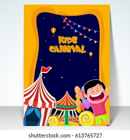 Kids Carnival Template, Amusement Park Banner, Funfair Flyer Design With Illustration Of Cute Boy, Circus Tent And Swing Ride.