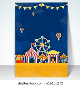 Kids Carnival template, Amusement Park banner, Funfair flyer design with illustration of circus tents and swing rides.