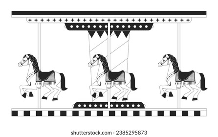 Kids carousel merry go round black and white 2D line cartoon object. Roundabout amusement park isolated vector outline item. Fairground horses ride for children monochromatic flat spot illustration