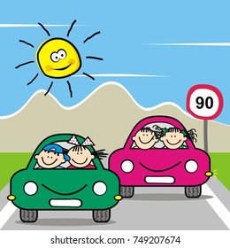 Kids at cars, at background traffic sign, mountain and sun. Funny vector illustration.