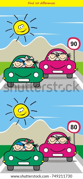 Kids and cars, game for children, find ten\
differences, vector icon