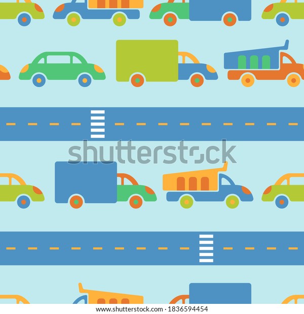 Kid\'s cars. Vector seamless\
pattern. Boy texture for textiles and clothes. Hand drawn dump\
truck sketch. Play mat for children activity. Colorful\
background