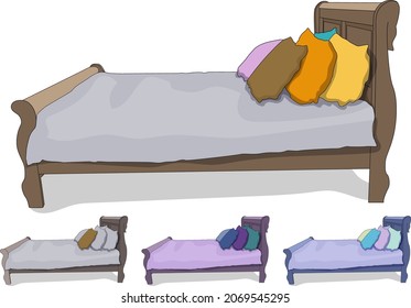 Kids Cartoon Bed Set Illustration of a set of cartoon wood children beds With colorful Blanket for boys and girls