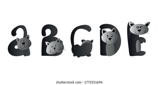 kids cartoon Cat Alphabet Set Vector Illustration. Cute Letters A, B, C, D, E
