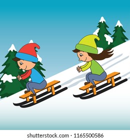 kids in cartoon character playing in the snow. vector illustration 