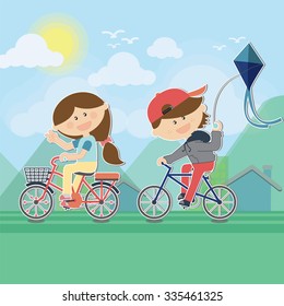 kids cartoon characters cyclists, cycling playing kite on bicycle sunny mountains while pedaling cute bike with pannier rack for health, vector illustration