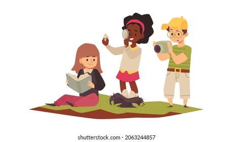 Kids cartoon characters exploring nature together in flat vector illustrations isolated on white. African girl, Caucasian boy, girl examine egg from nest through magnifying glass, take pictures